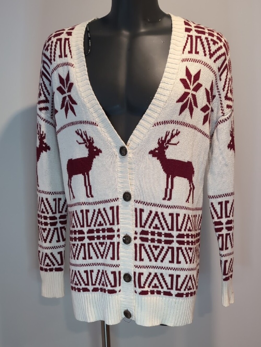 F21 Cream & Red Reindeer Fair Isle Cardigan Ugly Christmas Sweater Plus Size 2X